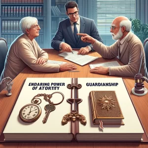 DALL·E 2024-05-12 14.18.27 - A detailed office scene depicting two elderly individuals consulting with a lawyer. On the table are two distinct legal documents_ one labeled 'Enduri